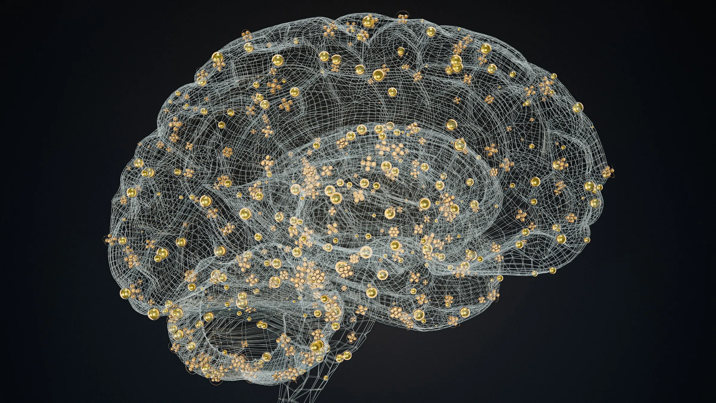 A wireframe model of a brain on a dark ground, gold nodes marking points across it