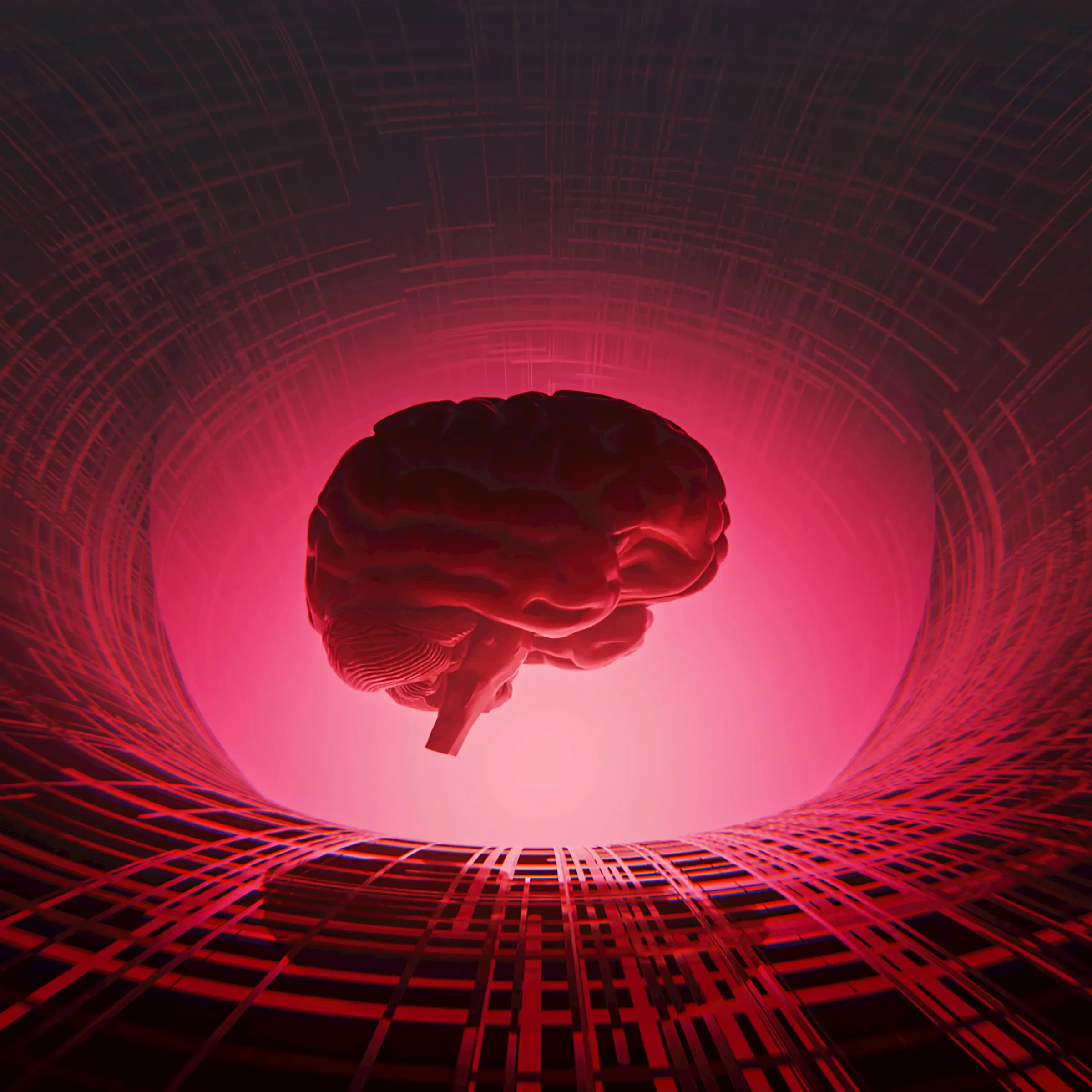 A brain suspended in a tunnel of intense red light, radiating lines converging on it